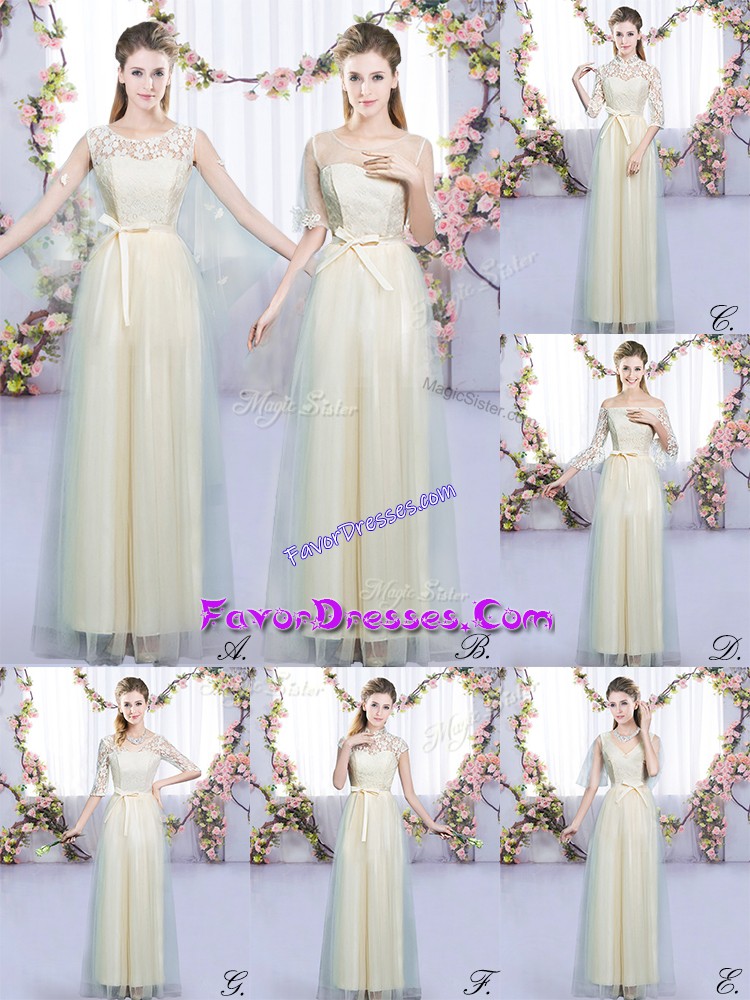 Stylish Scoop Sleeveless Wedding Party Dress Floor Length Lace and Bowknot Champagne Tulle