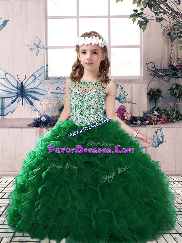 Most Popular Dark Green Scoop Neckline Beading and Ruffles Girls Pageant Dresses Sleeveless Lace Up