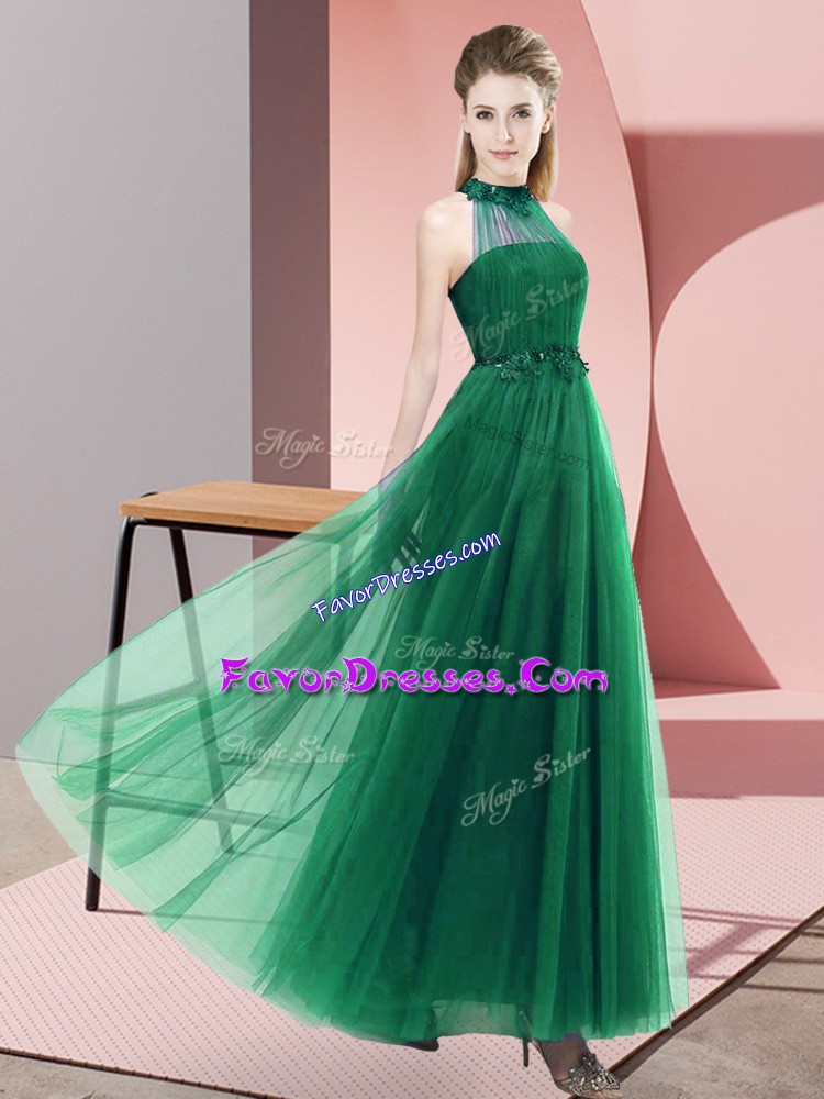 Inexpensive Tulle Sleeveless Floor Length Bridesmaids Dress and Beading and Appliques