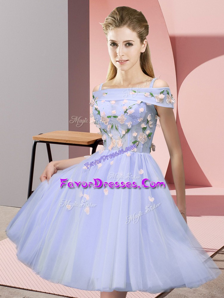 Captivating Lavender Empire Appliques Wedding Party Dress Lace Up Tulle Short Sleeves Knee Length