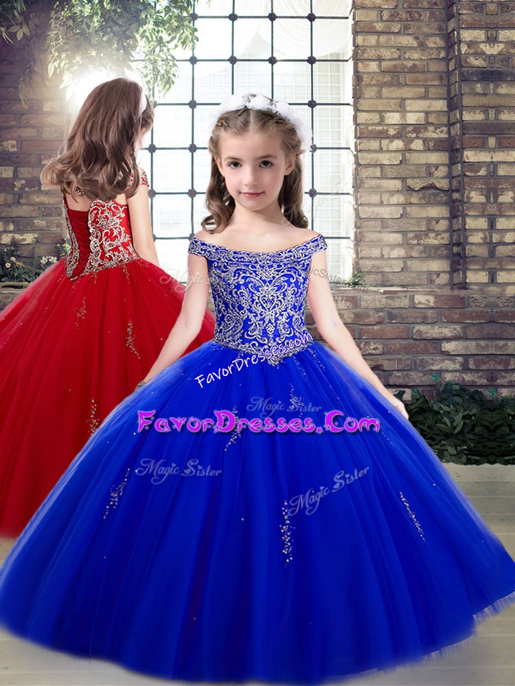  Off The Shoulder Sleeveless Pageant Gowns For Girls Floor Length Beading and Appliques Royal Blue Tulle