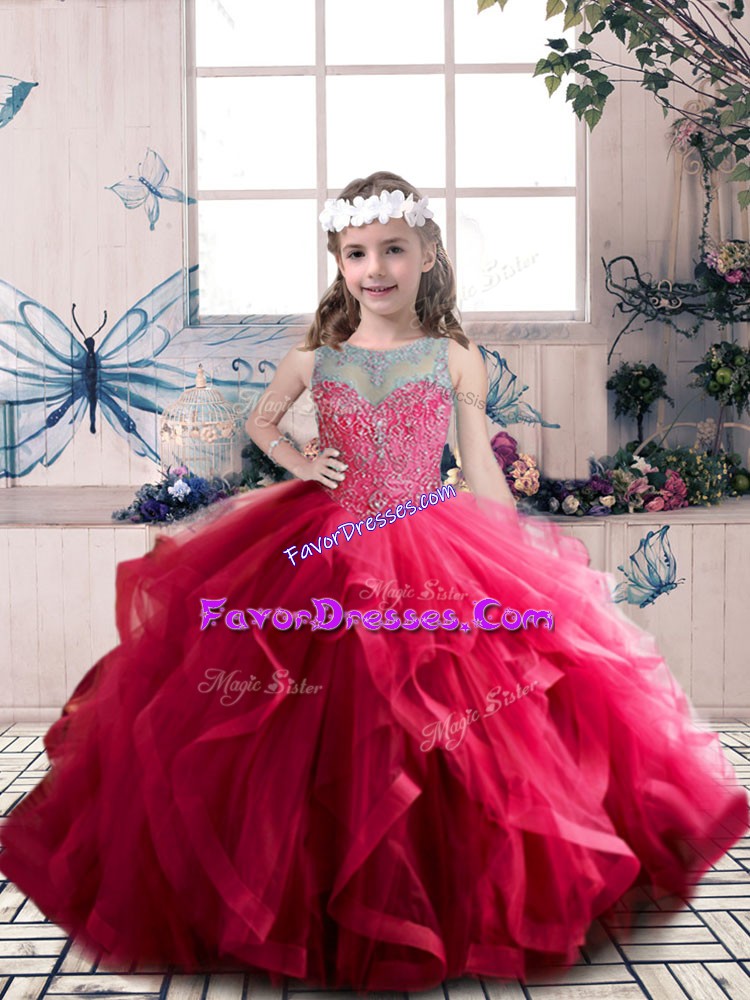 Charming Scoop Sleeveless Pageant Gowns For Girls Floor Length Beading and Ruffles Coral Red Tulle