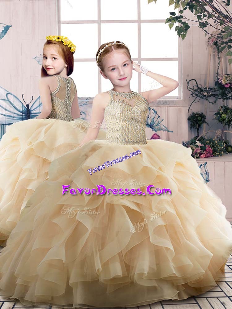  Floor Length Zipper Child Pageant Dress Champagne for Party and Sweet 16 and Wedding Party with Beading and Ruffles