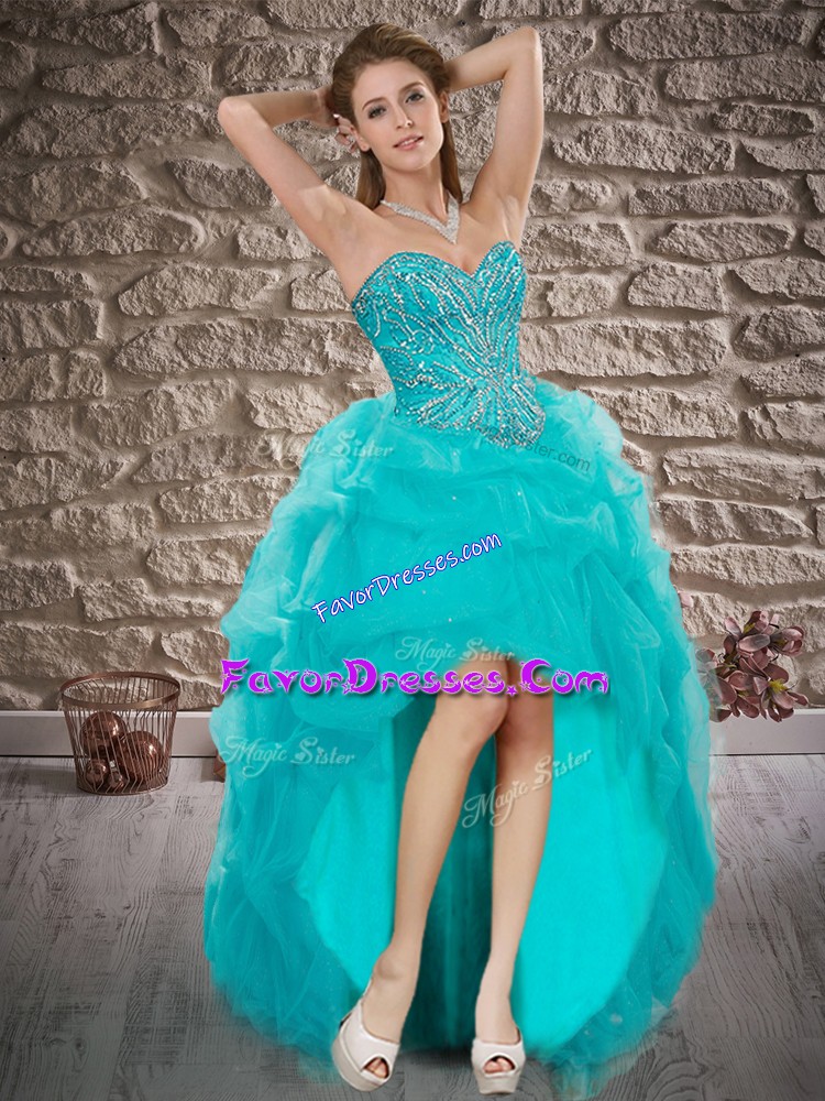  High Low A-line Sleeveless Aqua Blue Prom Evening Gown Lace Up