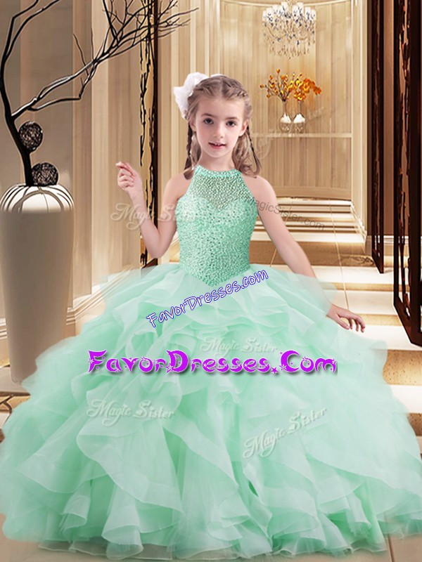 Wonderful Apple Green Ball Gowns Tulle High-neck Sleeveless Beading and Ruffles Floor Length Lace Up Little Girls Pageant Dress