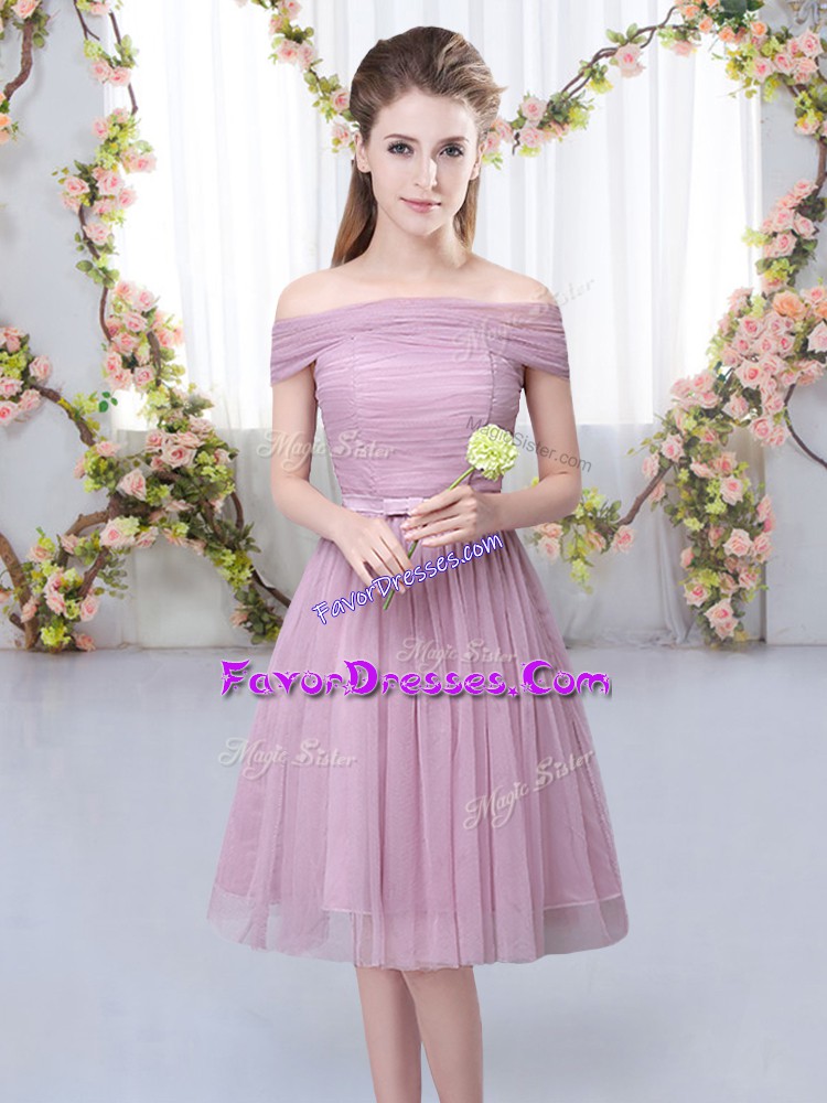  Short Sleeves Knee Length Belt Lace Up Court Dresses for Sweet 16 with Pink 