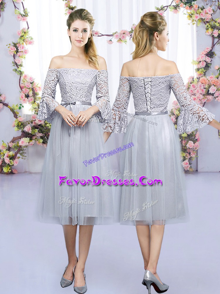 Pretty Grey Bridesmaids Dress Wedding Party with Lace and Belt Off The Shoulder 3 4 Length Sleeve Lace Up