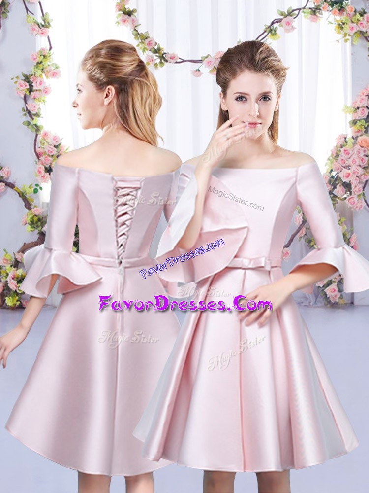 Low Price Baby Pink A-line Bowknot Bridesmaids Dress Lace Up Satin 3 4 Length Sleeve Mini Length