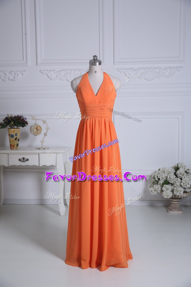  Orange Zipper Bridesmaid Dress Ruching Sleeveless Floor Length
