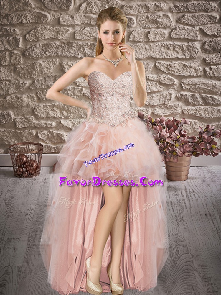 Customized Sweetheart Sleeveless Prom Dress High Low Lace and Ruffles Pink Tulle