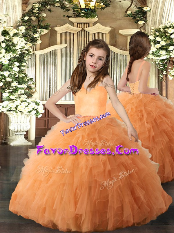 Cute Orange Lace Up Straps Ruffles Little Girl Pageant Dress Tulle Sleeveless