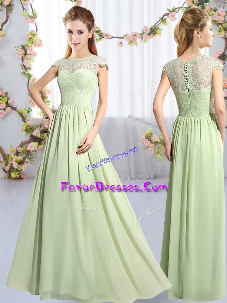 Inexpensive Scoop Cap Sleeves Wedding Guest Dresses Floor Length Lace Yellow Green Chiffon