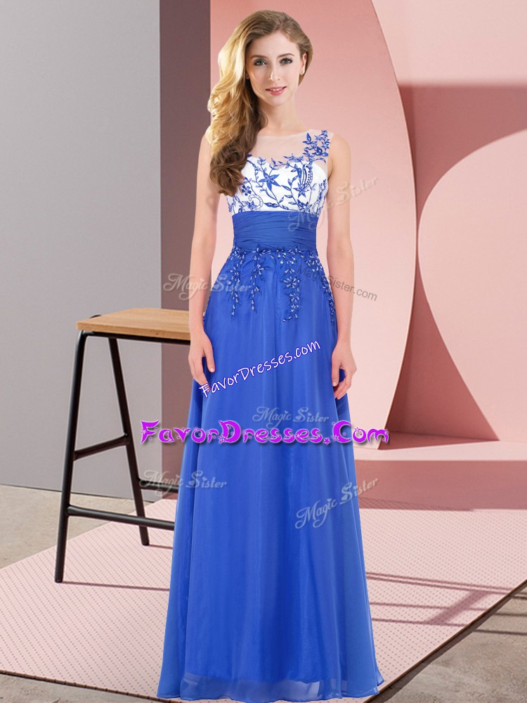 Best Selling Scoop Sleeveless Bridesmaid Dresses Floor Length Appliques Royal Blue Chiffon