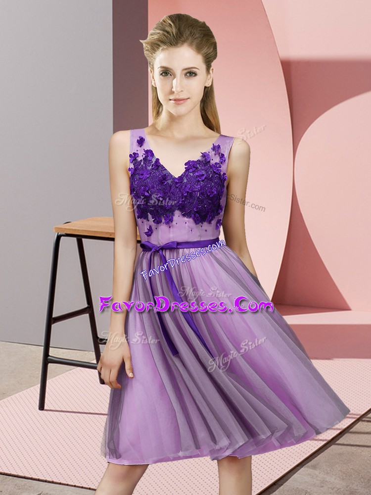  Lavender Bridesmaid Dress Wedding Party with Appliques V-neck Sleeveless Lace Up