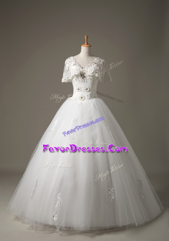 Inexpensive Short Sleeves Beading and Appliques Lace Up Wedding Gown
