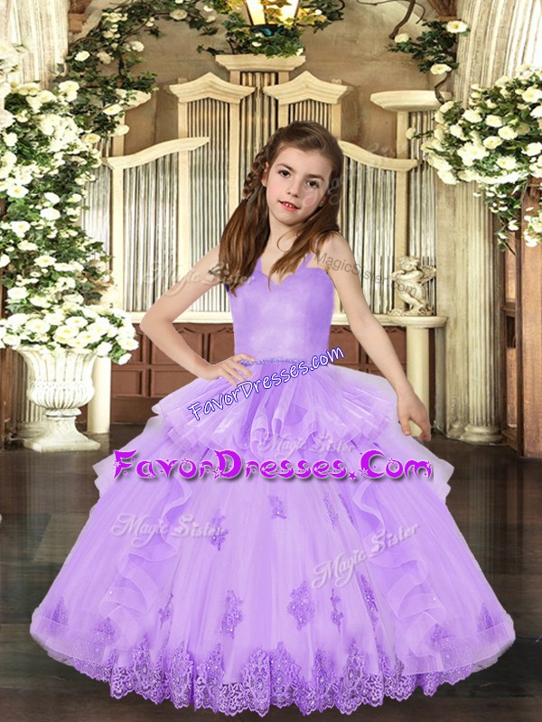  Straps Sleeveless Kids Pageant Dress Floor Length Appliques Lavender Tulle