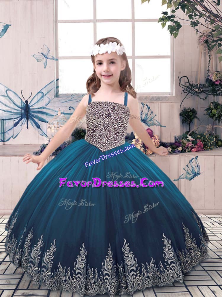  Teal Ball Gowns Beading and Embroidery Little Girl Pageant Dress Lace Up Tulle Sleeveless Floor Length