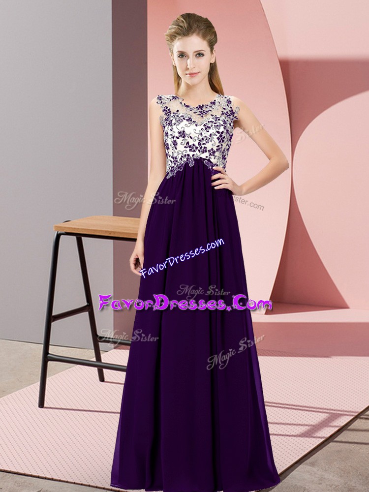  Purple Empire Chiffon Scoop Sleeveless Beading and Appliques Floor Length Zipper Bridesmaid Dresses