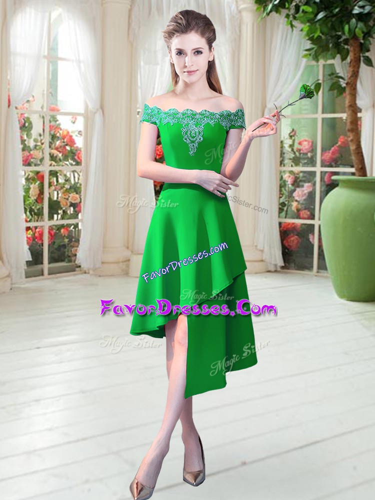 High Class Sleeveless Satin Asymmetrical Zipper Prom Dresses in Green with Appliques