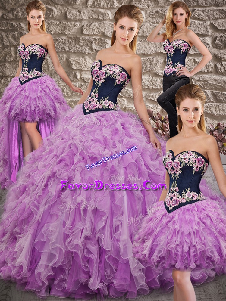  Lilac Ball Gowns Sweetheart Sleeveless Organza Sweep Train Lace Up Embroidery and Ruffles Ball Gown Prom Dress