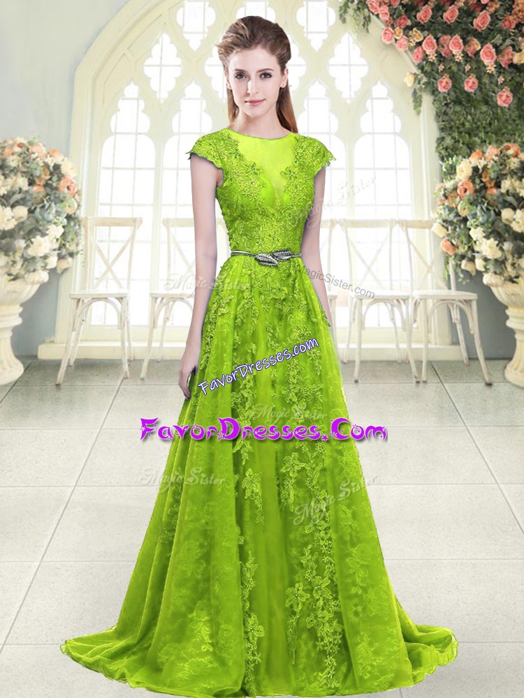 Vintage Yellow Green A-line Scoop Sleeveless Tulle Sweep Train Zipper Beading and Pick Ups Prom Party Dress