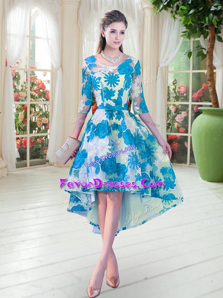 Glorious Blue And White Half Sleeves High Low Belt Lace Up Prom Gown