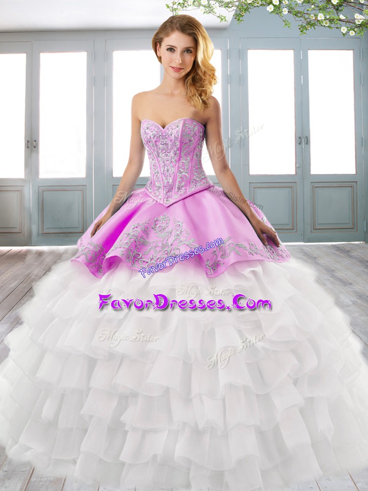 Chic Sweetheart Sleeveless Court Train Lace Up Quince Ball Gowns Pink And White Satin and Organza