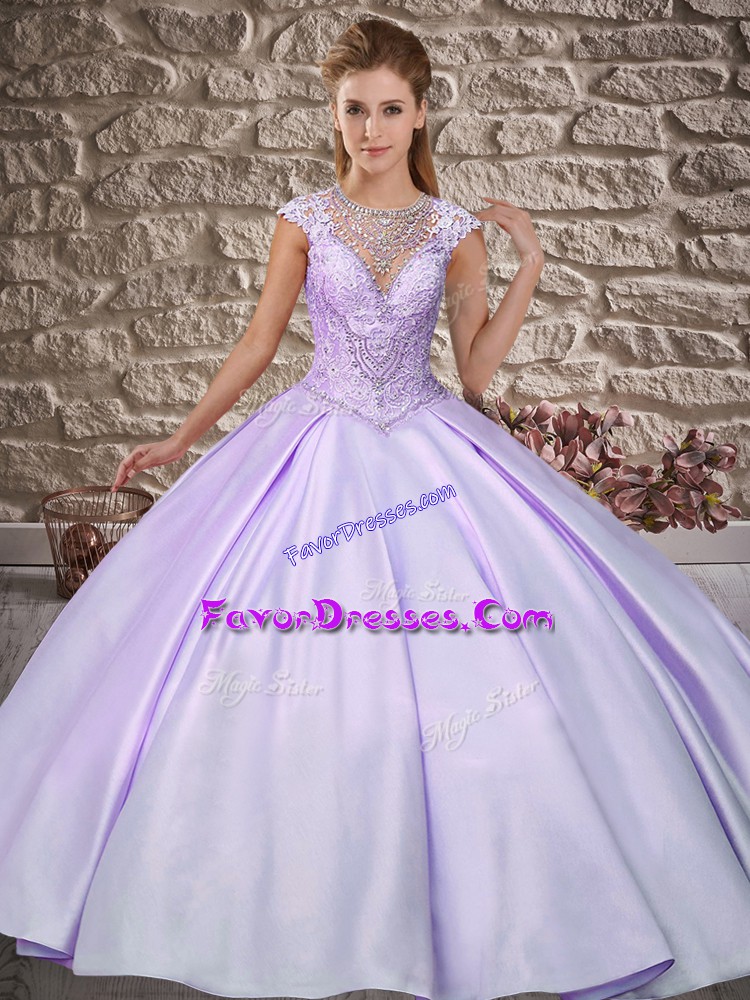 Beauteous Lilac Ball Gowns Beading Quinceanera Gown Lace Up Satin Cap Sleeves