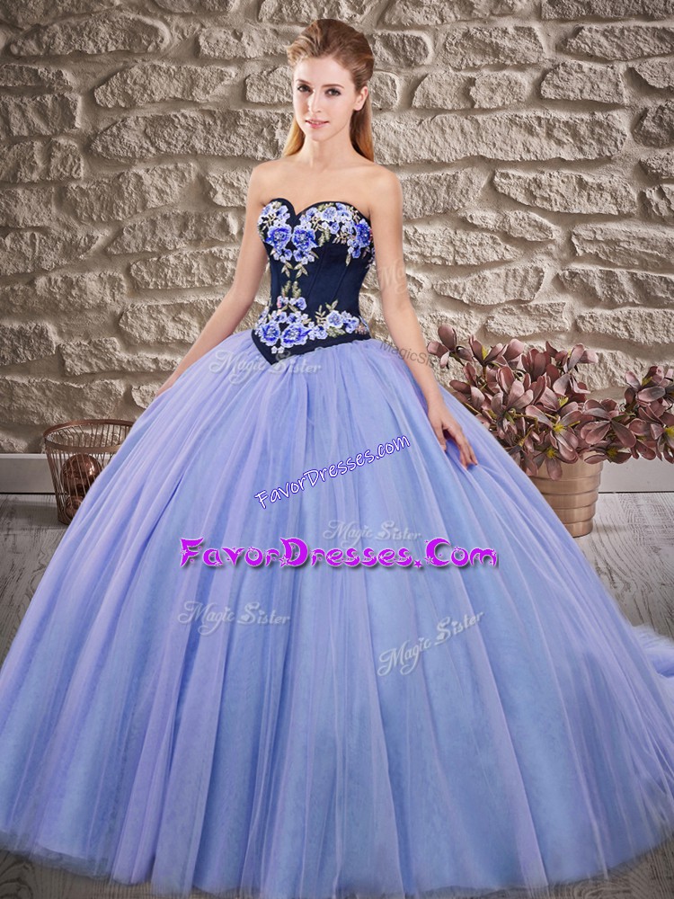  Lavender Lace Up Halter Top Embroidery Quince Ball Gowns Tulle Sleeveless Sweep Train