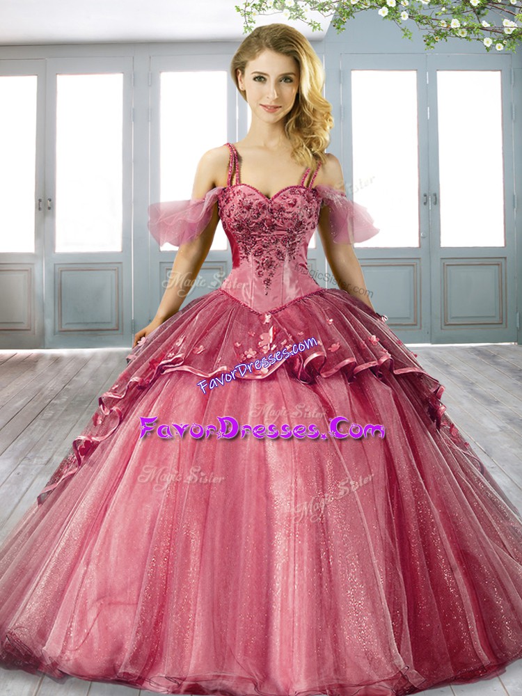  Burgundy Spaghetti Straps Lace Up Beading and Appliques Sweet 16 Dress Sweep Train Sleeveless