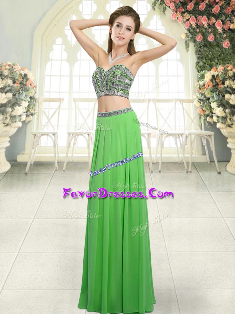 Inexpensive Green Two Pieces Sweetheart Sleeveless Chiffon Floor Length Backless Beading Homecoming Dress