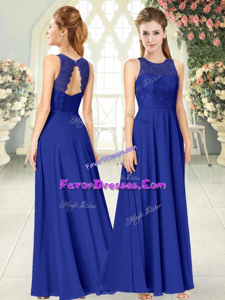  Royal Blue Backless Scoop Lace Prom Dresses Chiffon Sleeveless