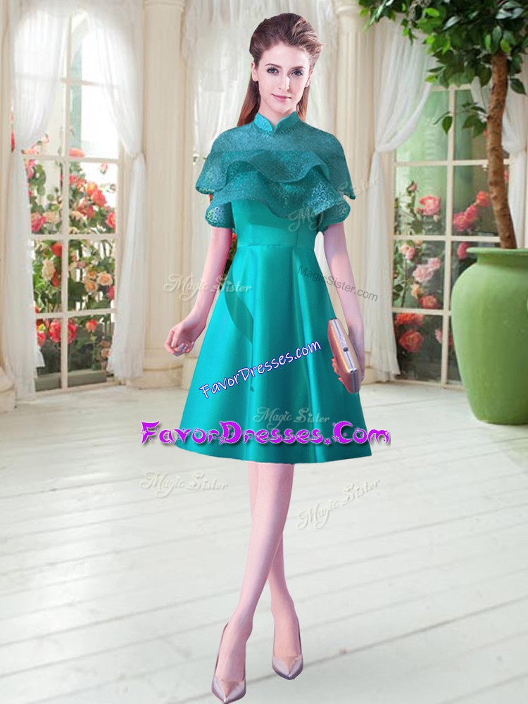  Teal A-line Ruffled Layers Dress for Prom Lace Up Satin Cap Sleeves Knee Length
