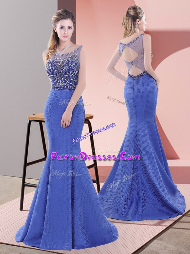  Blue Sleeveless Beading and Lace Lace Up Prom Gown