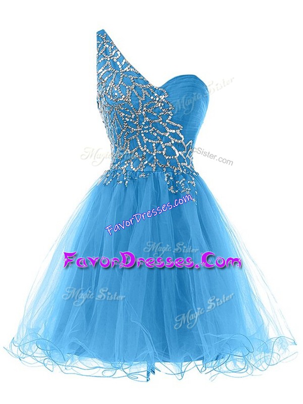 Delicate Blue Prom Party Dress Prom and Party and Military Ball with Beading One Shoulder Sleeveless Lace Up