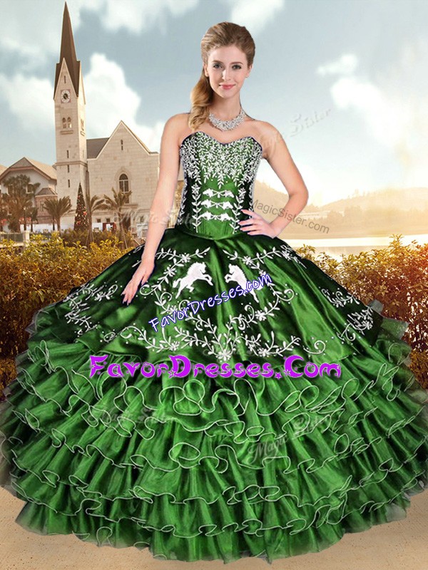  Ball Gowns Embroidery and Ruffled Layers Quince Ball Gowns Lace Up Organza Sleeveless Floor Length