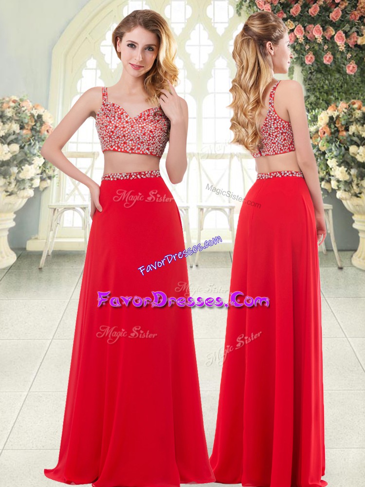  Floor Length Two Pieces Sleeveless Red Prom Party Dress Zipper