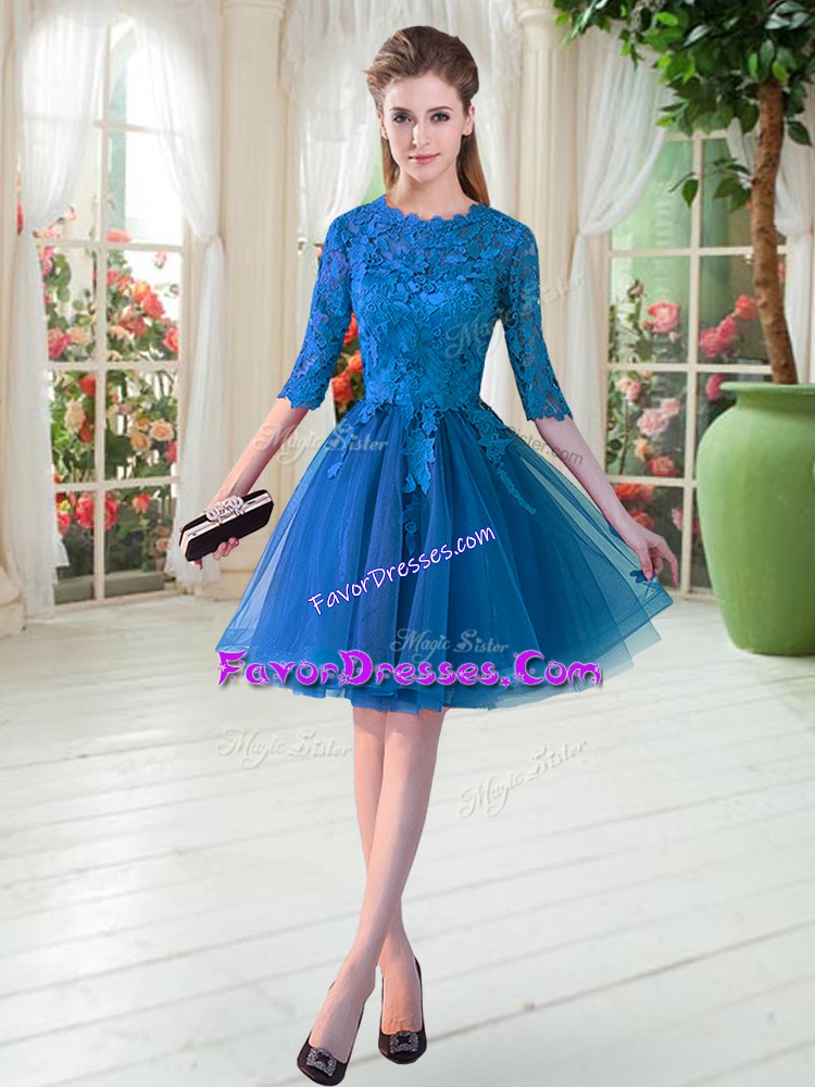 Super Blue Half Sleeves Lace Knee Length Prom Dresses