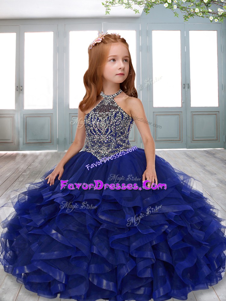 Dazzling Tulle Halter Top Sleeveless Lace Up Beading and Ruffles Little Girls Pageant Dress Wholesale in Navy Blue