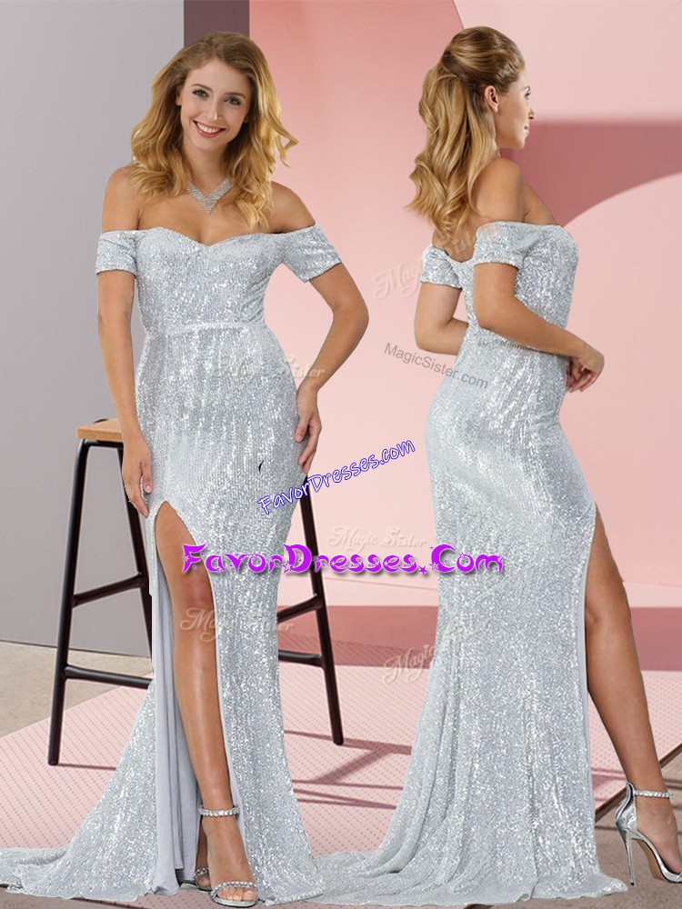 Modest Short Sleeves Sequined Sweep Train Homecoming Dress in Silver with Ruching