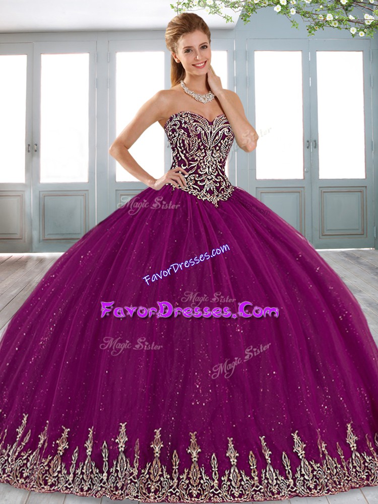 Discount Fuchsia Tulle Lace Up Sweetheart Sleeveless Floor Length Sweet 16 Dress Beading and Appliques