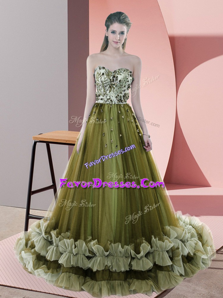 Unique Sweetheart Sleeveless Prom Party Dress Sweep Train Beading and Appliques Olive Green Tulle