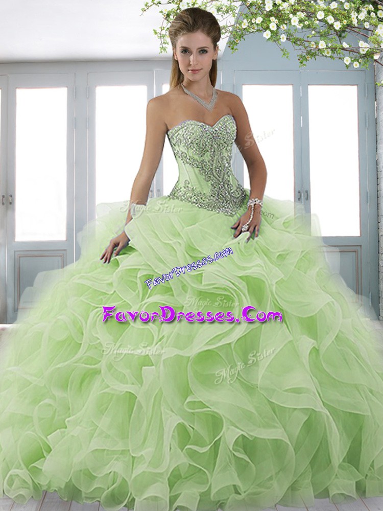  Yellow Green Sleeveless Beading and Ruffles Lace Up Ball Gown Prom Dress