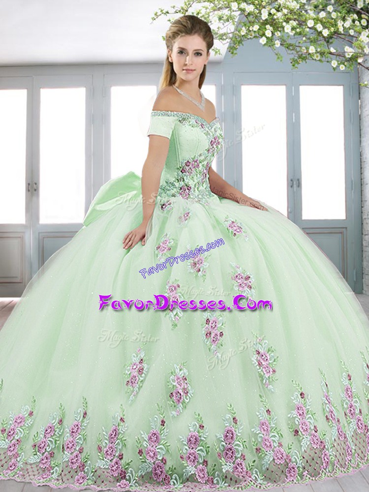 Sumptuous Off The Shoulder Short Sleeves Quinceanera Gown Floor Length Beading and Appliques and Bowknot Yellow Green and Light Blue