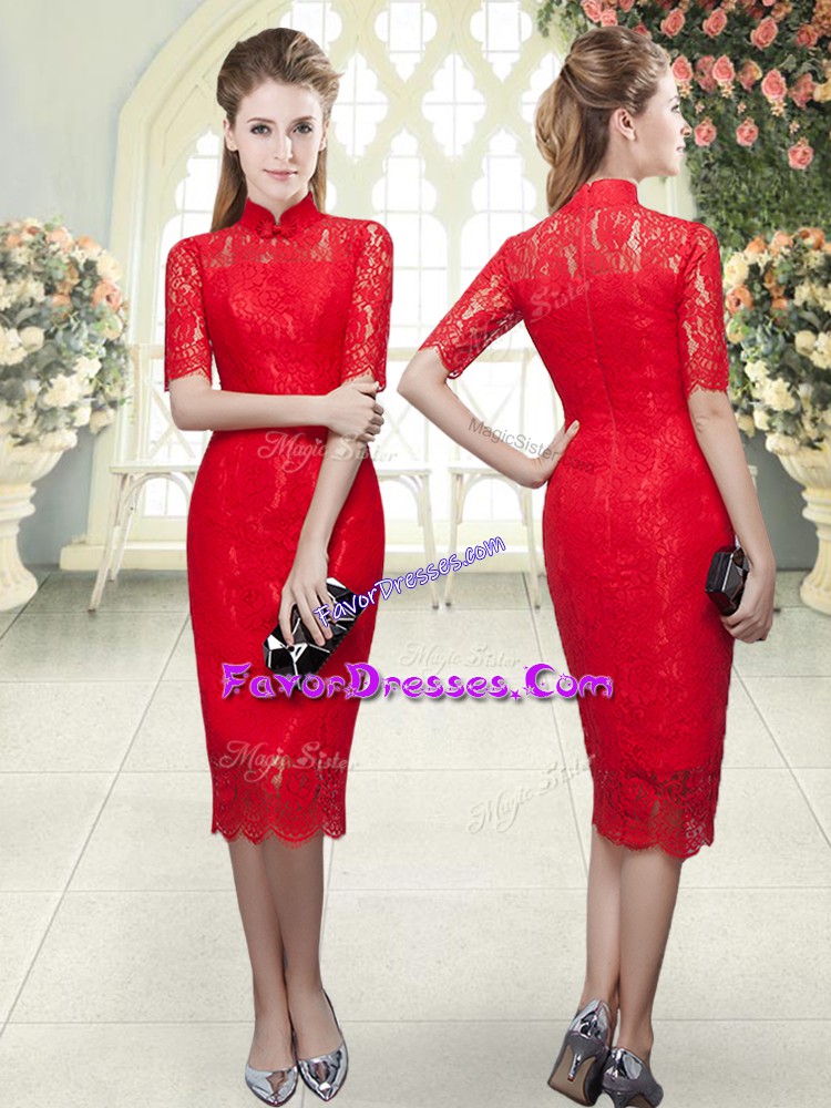  Half Sleeves Tea Length Beading and Lace Zipper Evening Dress with Red