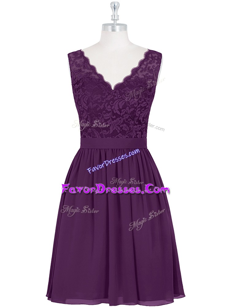 Fine Purple A-line Chiffon Scalloped Sleeveless Lace Mini Length Zipper Prom Party Dress