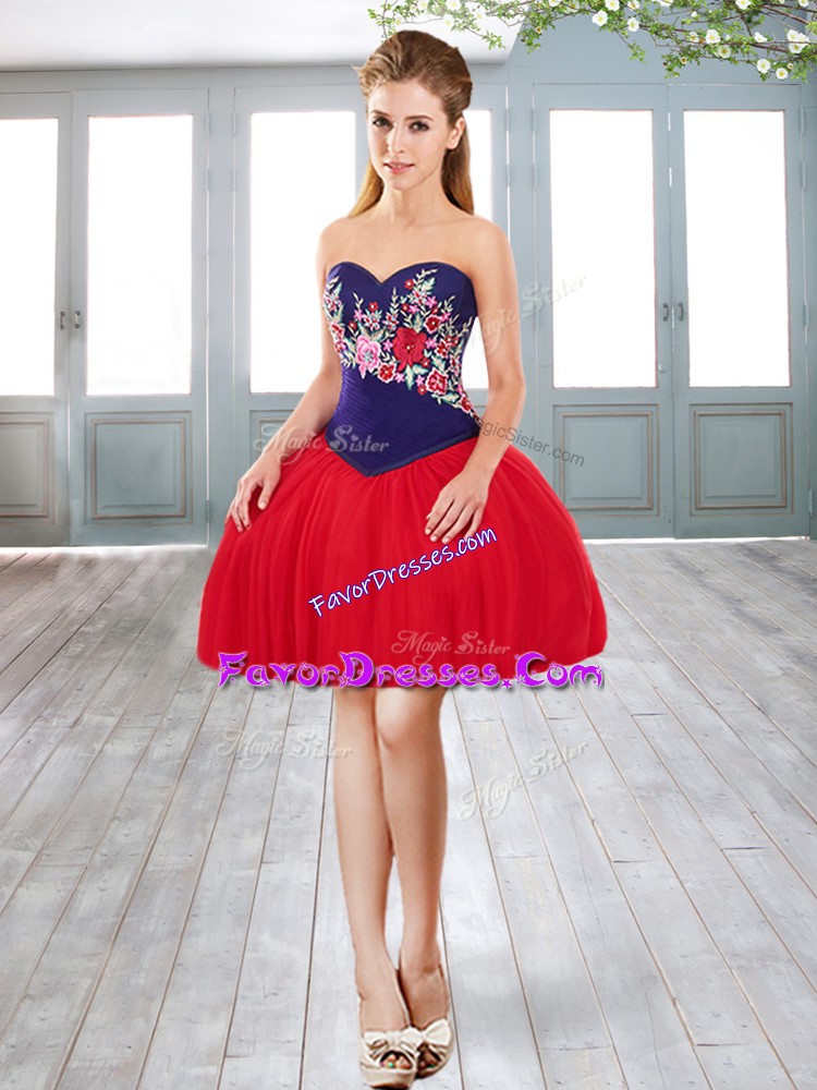  Tulle Sleeveless Mini Length Prom Party Dress and Embroidery
