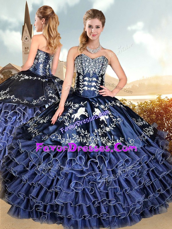 Extravagant Sweetheart Sleeveless Sweet 16 Dress Floor Length Embroidery and Ruffled Layers Blue Organza