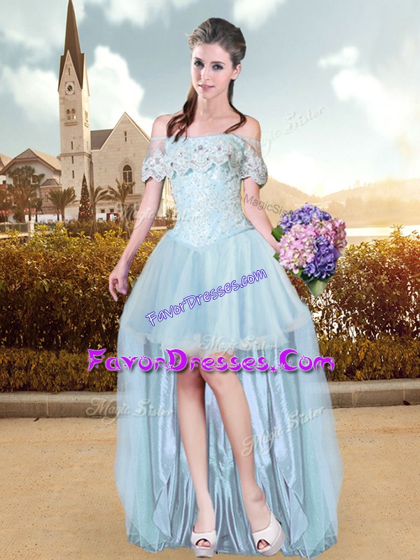 Stunning Baby Blue Short Sleeves Tulle Lace Up Prom Gown for Prom and Party and Military Ball