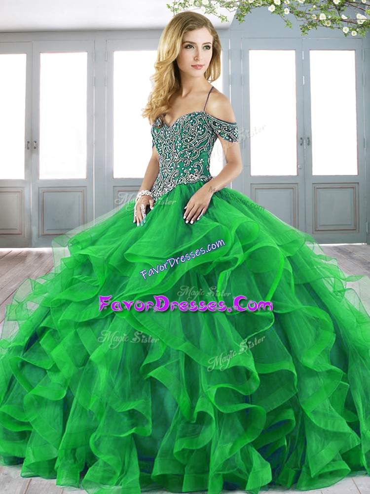 Amazing Sleeveless Sweep Train Lace Up Beading and Ruffles Quinceanera Gown